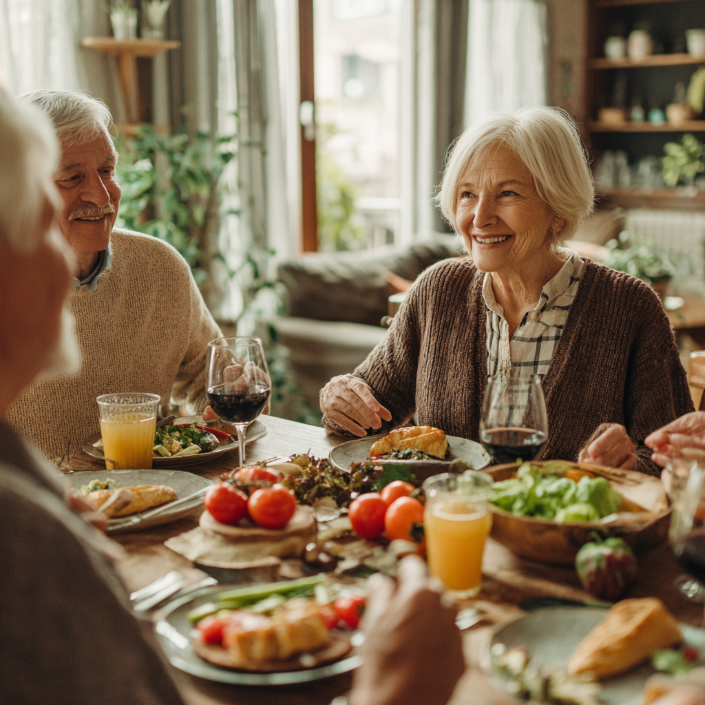 Older adults enjoying healthy meal together in cozy dining room, showing community aspect of nutrition planning